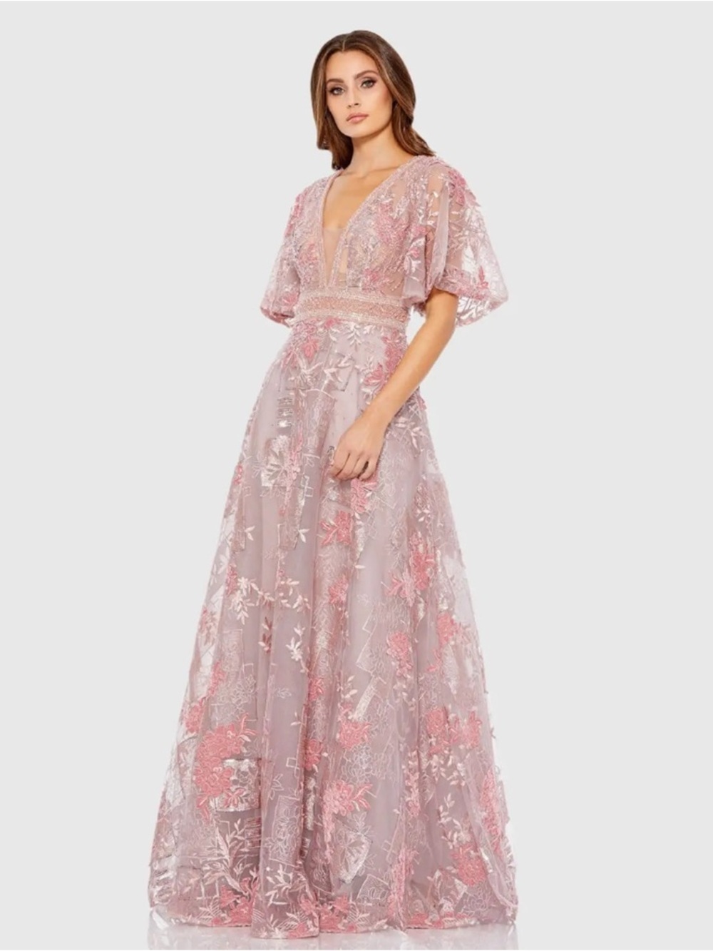 Mac Duggal 20262 Pink Embroidered Flounce Sleeve A Line Gown Size 6 NWT